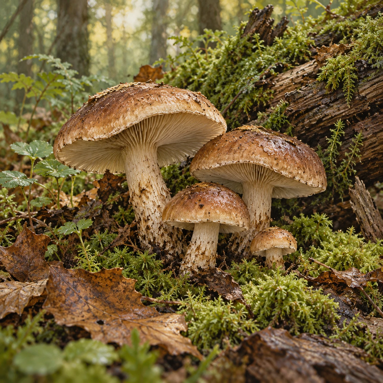 A painterly woodland scene of mushrooms among moss and fallen leaves, an illustration rather than identification evidence